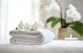 Towels and candles on massage table in spa salon. Place for relaxation Royalty Free Stock Photo