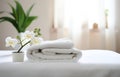 Towels and candles on massage table in spa salon. Place for relaxation Royalty Free Stock Photo