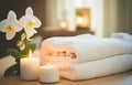 Towels and candles on massage table in spa salon. Place for relaxation Royalty Free Stock Photo