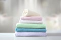 Towels folded stack.Colorful linen.Household. Laundry pile.Shower items. Hygiene concept