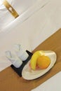Towels and fruit on bed Royalty Free Stock Photo