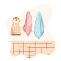 Towels Hang On Holders At Bathroom Wall, Clean Bath Hygiene Cotton, Wafer And Terry Textile, Fabric Cloth At Home