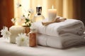 Towels, Herbal Bags, and Beauty Treatments in a Tranquil White Room Setting at the Spa Center. created with Generative AI