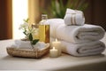 Towels, Herbal Bags, and Beauty Treatments in a Tranquil White Room Setting at the Spa Center. created with Generative AI