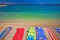 Towels on idyllic beach in Kastela bay Royalty Free Stock Photo