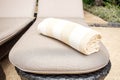 Towels on relaxing of sun beds Royalty Free Stock Photo