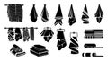 Towels silhouettes. Black towel rolls, bathroom beach or kitchen textile icons. Flat fabric for home, isolated folded