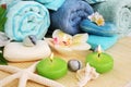 Towels, soaps, flowers, candles Royalty Free Stock Photo