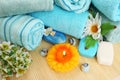 Towels, soaps, flowers, candles Royalty Free Stock Photo