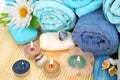 Towels, soaps, flowers, candles Royalty Free Stock Photo