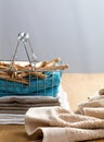 Towels with wooden clothing pins for laundry and hygiene concept Royalty Free Stock Photo