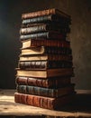A Tower of Ancient Books in a Dimly Lit Library Royalty Free Stock Photo