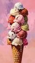 Tower of assorted ice cream scoops in cone Royalty Free Stock Photo