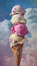 Tower of assorted ice cream scoops in waffle cone Royalty Free Stock Photo