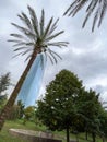 Tower of the basque glass industry in bilbao`s tree-lined park Royalty Free Stock Photo