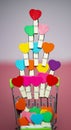 Tower Beauty Colorful mini hearts with other color blur pink and white background and copy space in the mini shopping cart Royalty Free Stock Photo