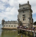 Tower of Belem Lisboa. Tagus river. Aerial drone view. Flying over. Royalty Free Stock Photo