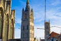 Tower of the Belfry of Ghent Het Belfort with the tower of Saint Bavo Cathedral Sint-Baafskathedraal at the background during