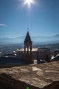 Landscape of Ponferrada with the snowy mountains in the background, from the castle wall Royalty Free Stock Photo
