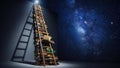 Tower of books ascending into starry night sky representing knowledge and imagination Royalty Free Stock Photo