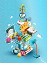 A tower of books with reading people. Educational concept. Online library. Online education isometric flat design.