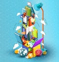 A tower of books with reading people. Educational concept. Online library. Online education isometric flat design