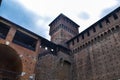 Tower and brick walls of old medieval Sforza Castle, Milan Royalty Free Stock Photo