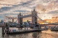 Tower Bridge against colorful sunset with pier in London, England, UK Royalty Free Stock Photo