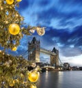 Tower Bridge with Christmas tree in London, England, UK Royalty Free Stock Photo