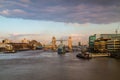 Tower Bridge and HMS Belfast in London at sunrise Royalty Free Stock Photo