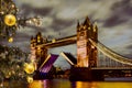 Tower Bridge lift time against Christmas tree in London, UK Royalty Free Stock Photo