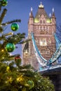 The Tower Bridge of London with a decorated Christmas tree, United Kingdom Royalty Free Stock Photo