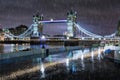 The Tower Bridge in London on a rainy winter night