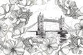 Tower Bridge in London with roses and hibiscuses, seamless pattern. Hand-drawn, vector illustration Royalty Free Stock Photo