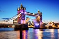 Tower Bridge in London, the UK. Night lights at late sunset. Royalty Free Stock Photo