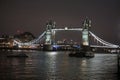 Tower Bridge at night showing the thames