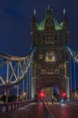 Tower Bridge in the night is opening for cruise and is closing for cars traffic , London, England Royalty Free Stock Photo