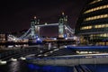 Tower bridge, and promenade past The Scoop ampitheatre with the the modern City Hall building