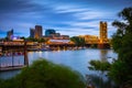 Tower Bridge and Sacramento River in Sacramento, California, captured at night Royalty Free Stock Photo