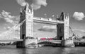 tower bridge with traditional red bus in black and white colors, london, uk Royalty Free Stock Photo