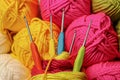 Colourful yarn and wool with needles for crochet