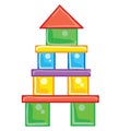 The tower is built from children`s multicolored cubes, isolated object on a white background, cartoon illustration, vector Royalty Free Stock Photo
