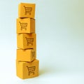 Tower of cardboard boxes with pattern of shopping carts on a blue background. commerce, online shopping. E-commerce, logistics,