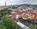 Tower of castle and rooftops in old town of Cesky Krumlov