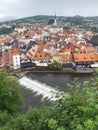 Tower of castle and rooftops in old town of Cesky Krumlov