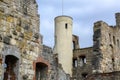 Tower in the castle ruin Hellenstein on the hill of Heidenheim an der Brenz in southern Germany against a blue sky with clouds, Royalty Free Stock Photo