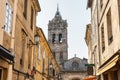 Tower of the cathedral of Lugo emerging among the old buildings of the old town, Galicia.