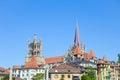 The tower of the Cathedral of Notre Dame in Lausanne, Switzerland. Located in canton Vaud. It belongs to the Evangelical Reformed Royalty Free Stock Photo