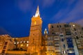 Tower and cathedral of Valetta. Night cityscape. Close up.