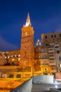 Tower and cathedral of Valetta. Night cityscape. Close up.